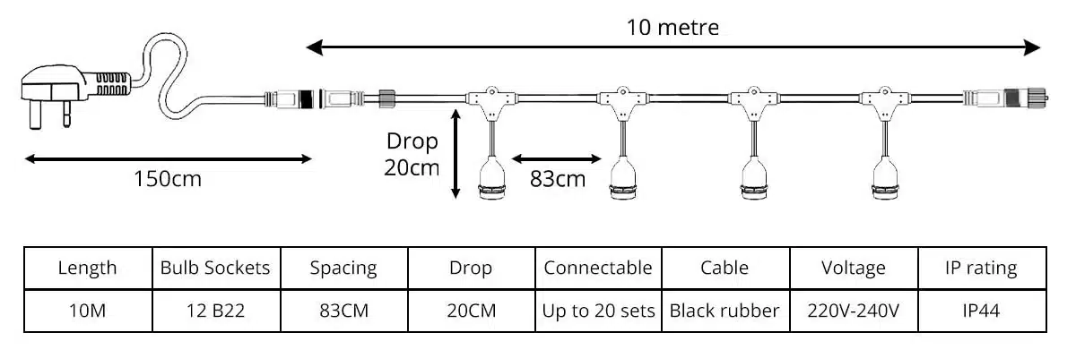 Outdoor festoon lights drop harness 10 metres diagram