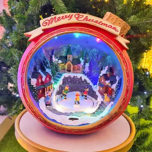 Animated musical Christmas bauble village scene illuminated blue lighting