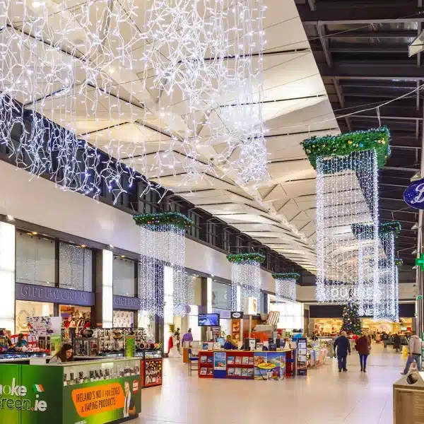 Connectable indoor LED curtain lights 6m drop in ice white Shopping Centre