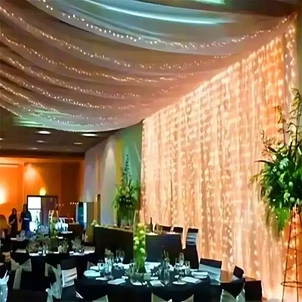Connectable indoor LED curtain lights 6m drop in warm white wedding display