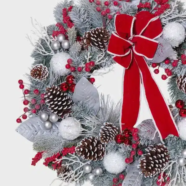 Frosted red and white Christmas wreath 75cm diameter close up detailed view