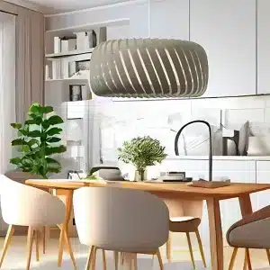Grey velvet shade pendant light 57cm above dining table