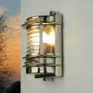 Nickel plated outdoor wall light for porch, entrance and coastal areas