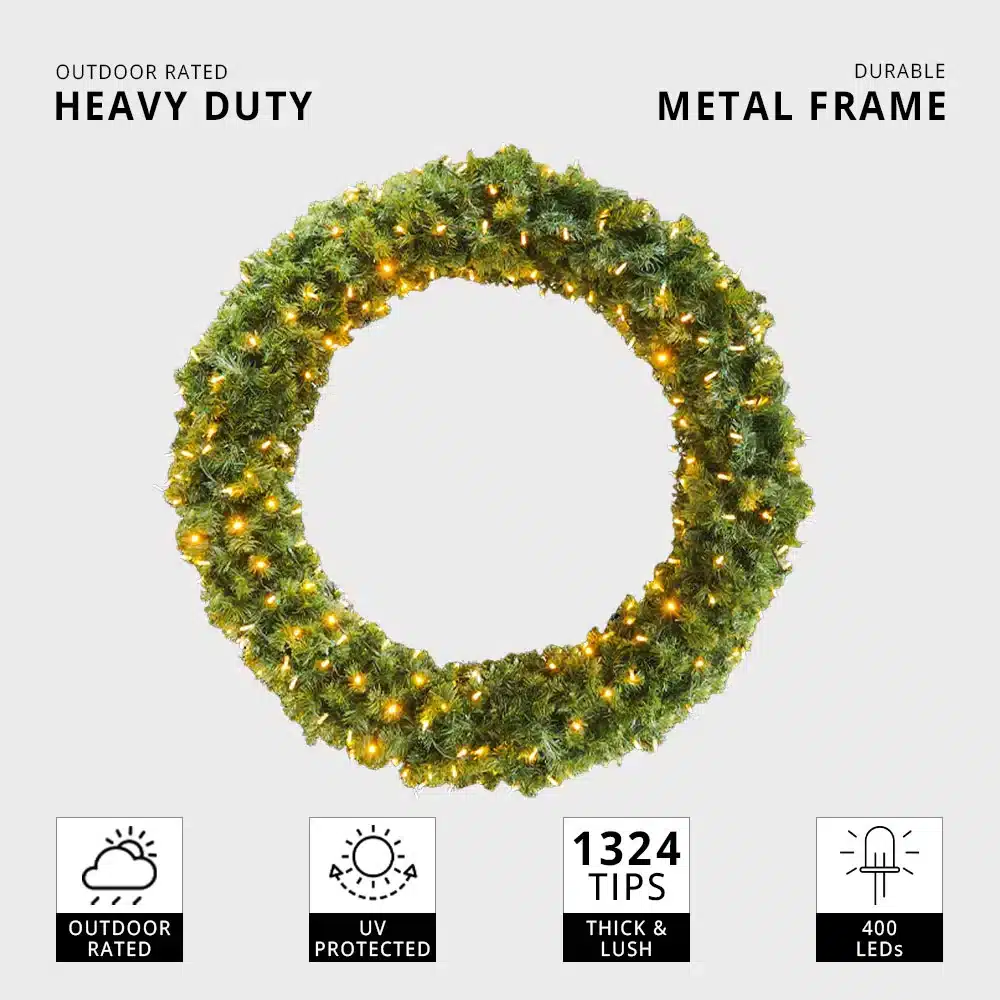 Outdoor-Christmas-Pre-Lit-Wreath-150CM-Features Large outdoor Christmas pre-lit wreath 150cm features