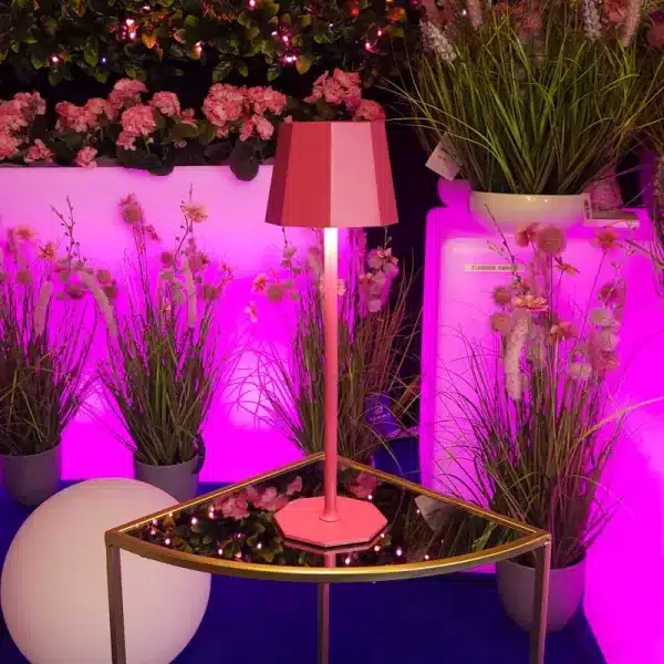 Rechargeable table lamp with touch control in pink colour for indoor and outdoor use