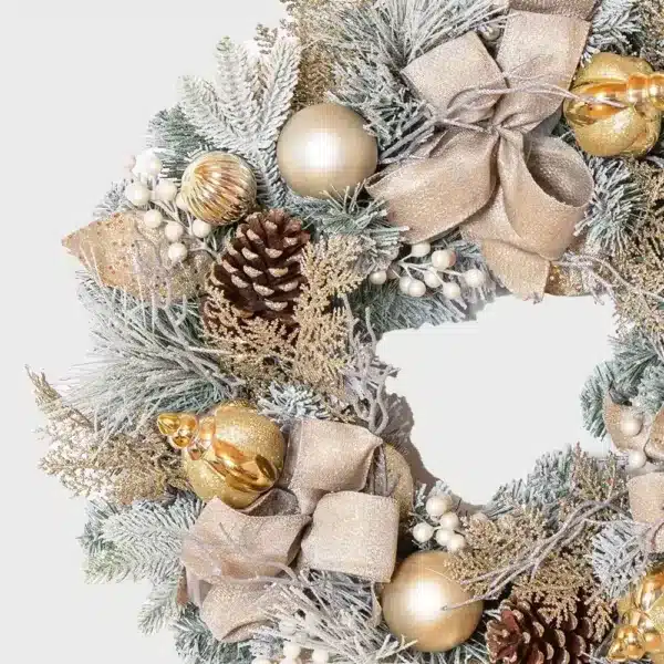Pre decorated frosted Christmas wreath 75cm diameter detailed view