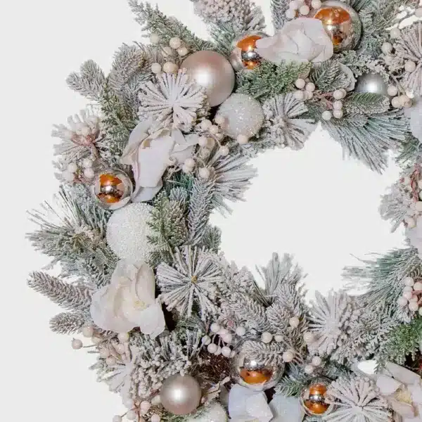 Pre decorated mixed white Christmas wreath 75cm diameter close up detailed view