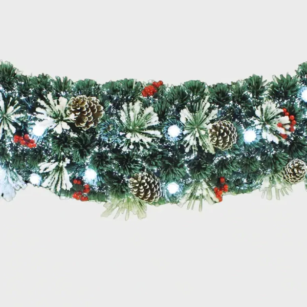 Pre-lit flocked Christmas garland close up view