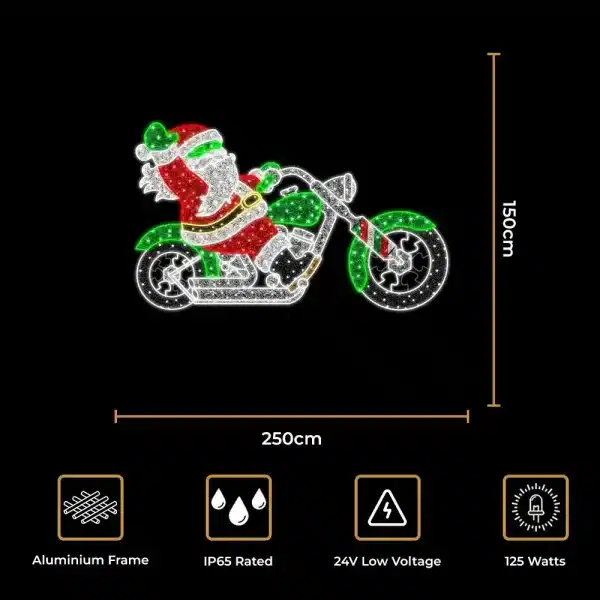 Santa on motorbike 2D Christmas decoration size and features