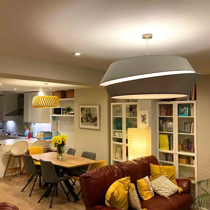 Shade pendant lights in living room and above dining table, Kimmage