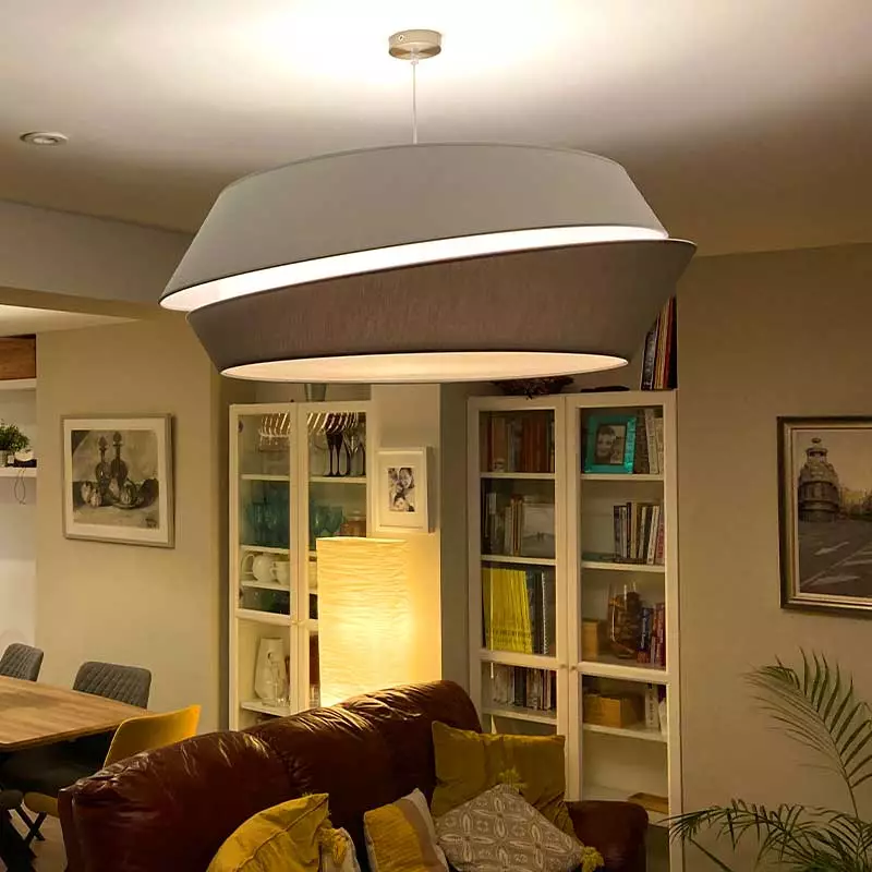Large grey fabric shade pendant light in living room, Kimmage, Dublin