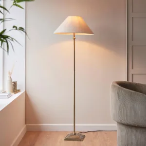 Antique Brass Floor Lamp With Natural Linen Shade