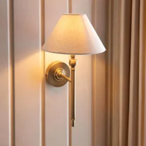 Antique Brass Wall Light With Natural Linen Shade