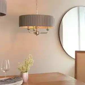 Bright nickel multi arm pendant light with charcoal fabric shade product view