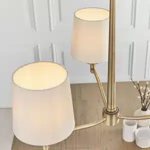 matt antique brass pendant light faux silk shades close up
