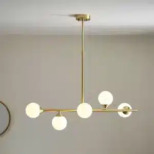 Modern satin brass linear bar pendant light with glass shades product view