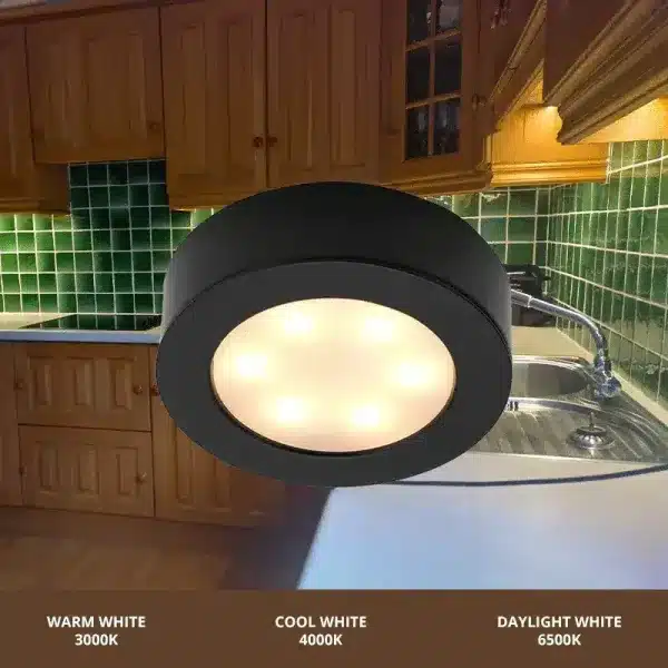 LED round matt black under cabinet light in kitchen