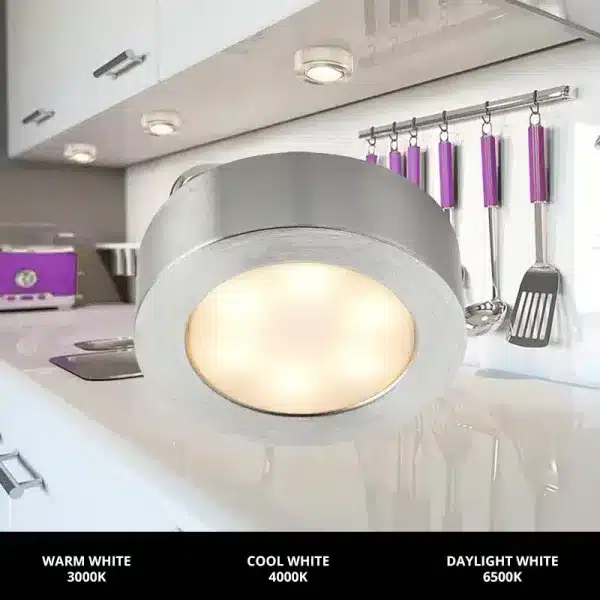 LED round satin nickel under cabinet light in kitchen