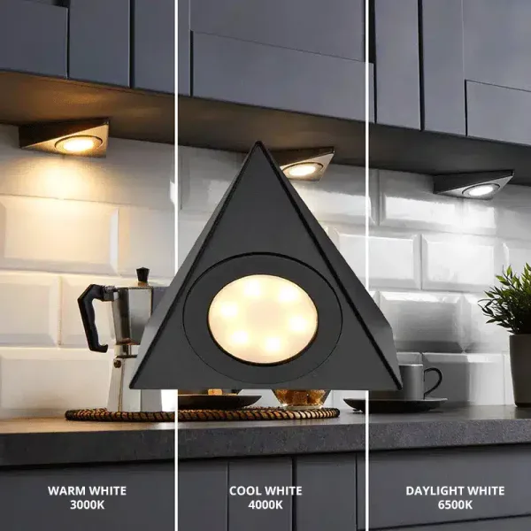 LED triangular matt black under cabinet light feature three colour temperatures