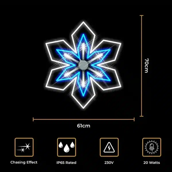 2D Blue snowflake LED Christmas decoration with chasing effect size and features