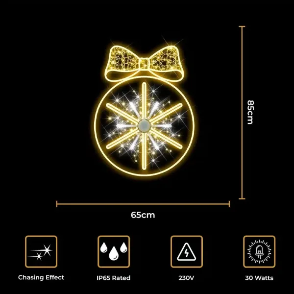 2D Christmas bauble with bow & chasing effect for outdoor use size and features