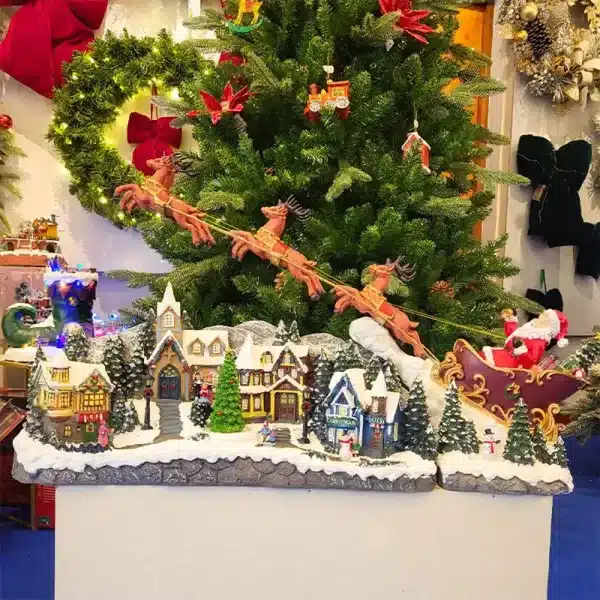 Animated musical Christmas village scene reindeer & sleigh table decoration
