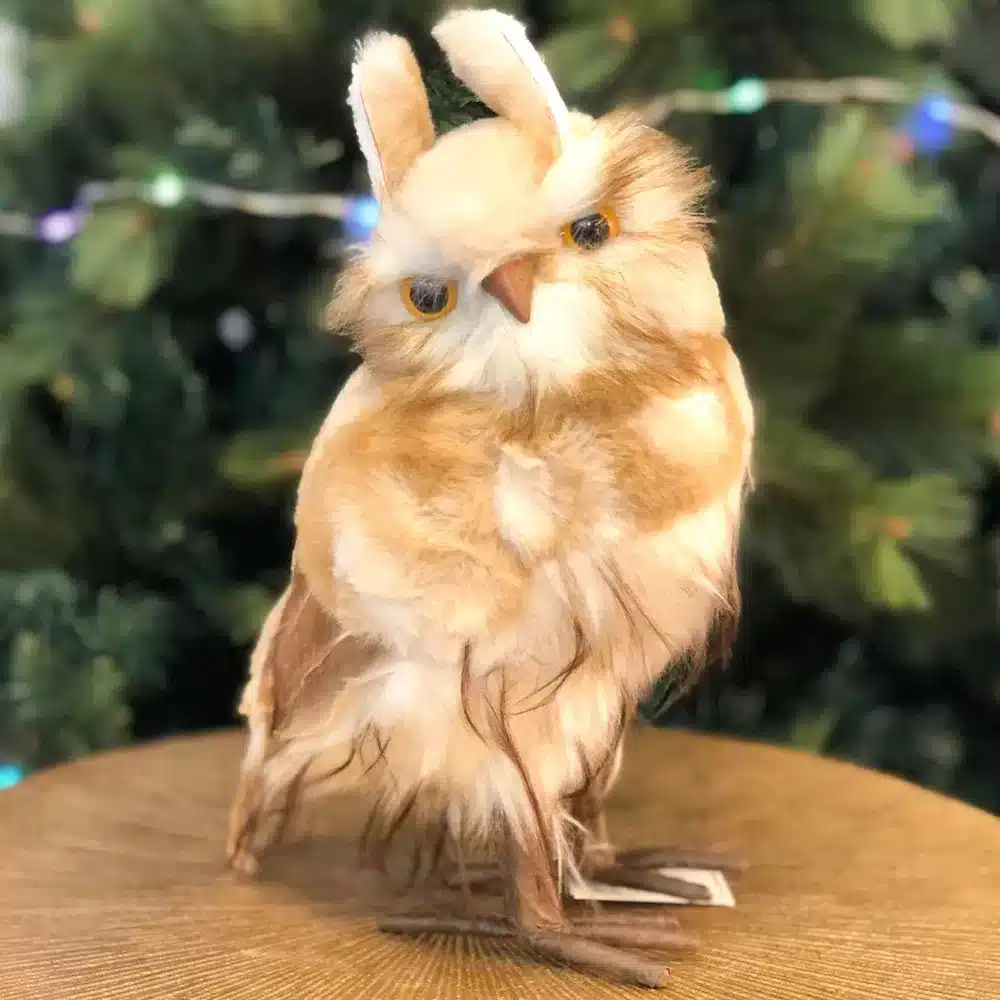 Brown-Furry-Owl-Indoor-Christmas-Decoration-With-Pointed-Ears-27CM-Tall-Front-Angle Brown furry owl indoor Christmas decoration with pointed ears 27cm tall front angle