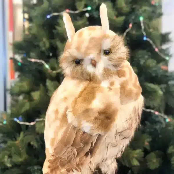 Furry owl in brown colour with pointed ears 50cm tall Christmas decoration close up
