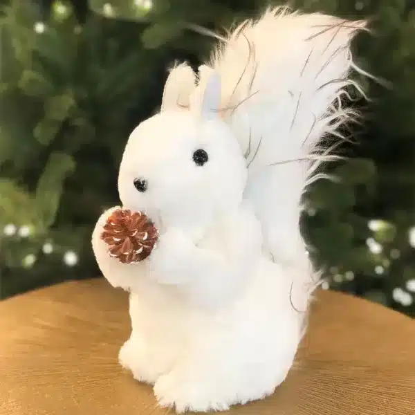 Fluffy squirrel with pine cone Christmas decoration 26cm tall side angle