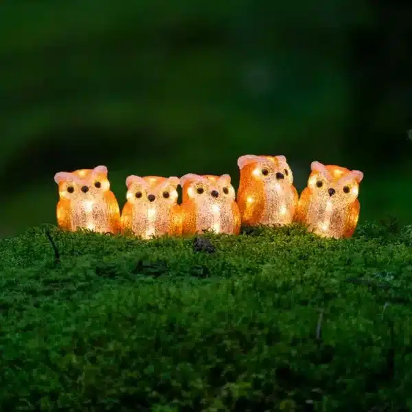 Acrylic owls family outdoor decoration set with 40 warm white lights