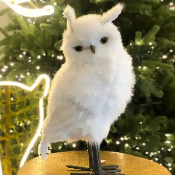 Winter furry owl Christmas decoration with pointed ears design indoor display