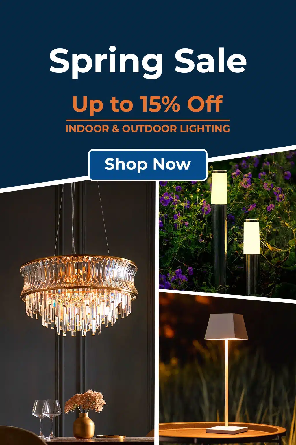 Spring Sale up to 15% off indoor and outdoor lighting