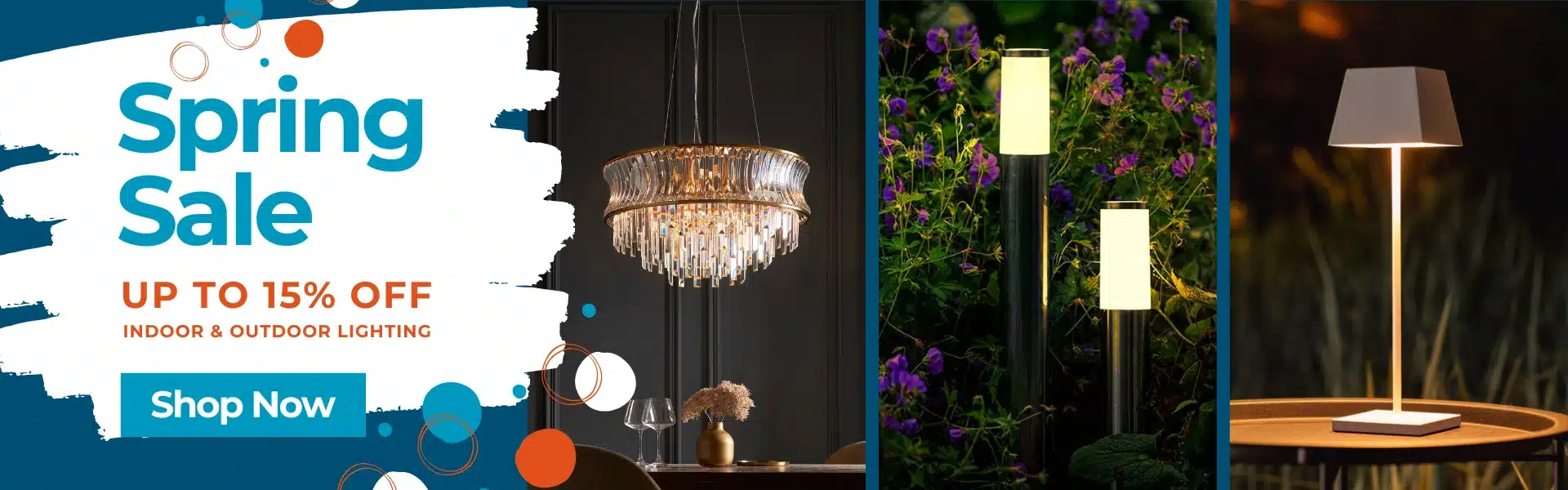 Spring Sale banner promoting up to 15% off indoor and outdoor lighting