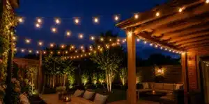 Festoon lights installed above a garden patio with warm outdoor string lights and seating area