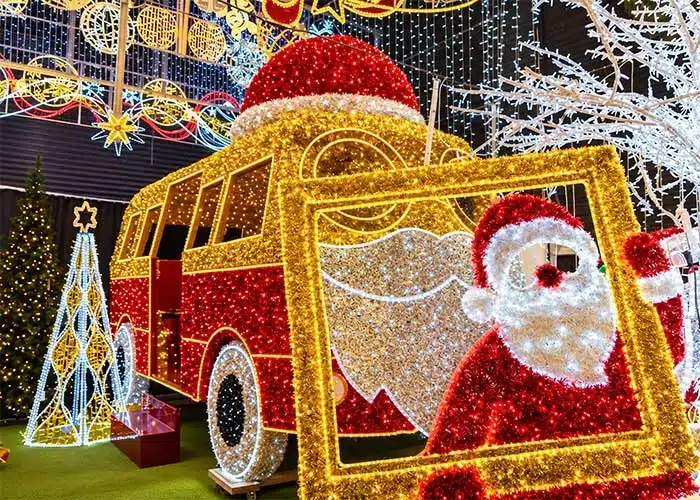 Christmas lights, illuminated decorations and festive displays in the Christmas shop