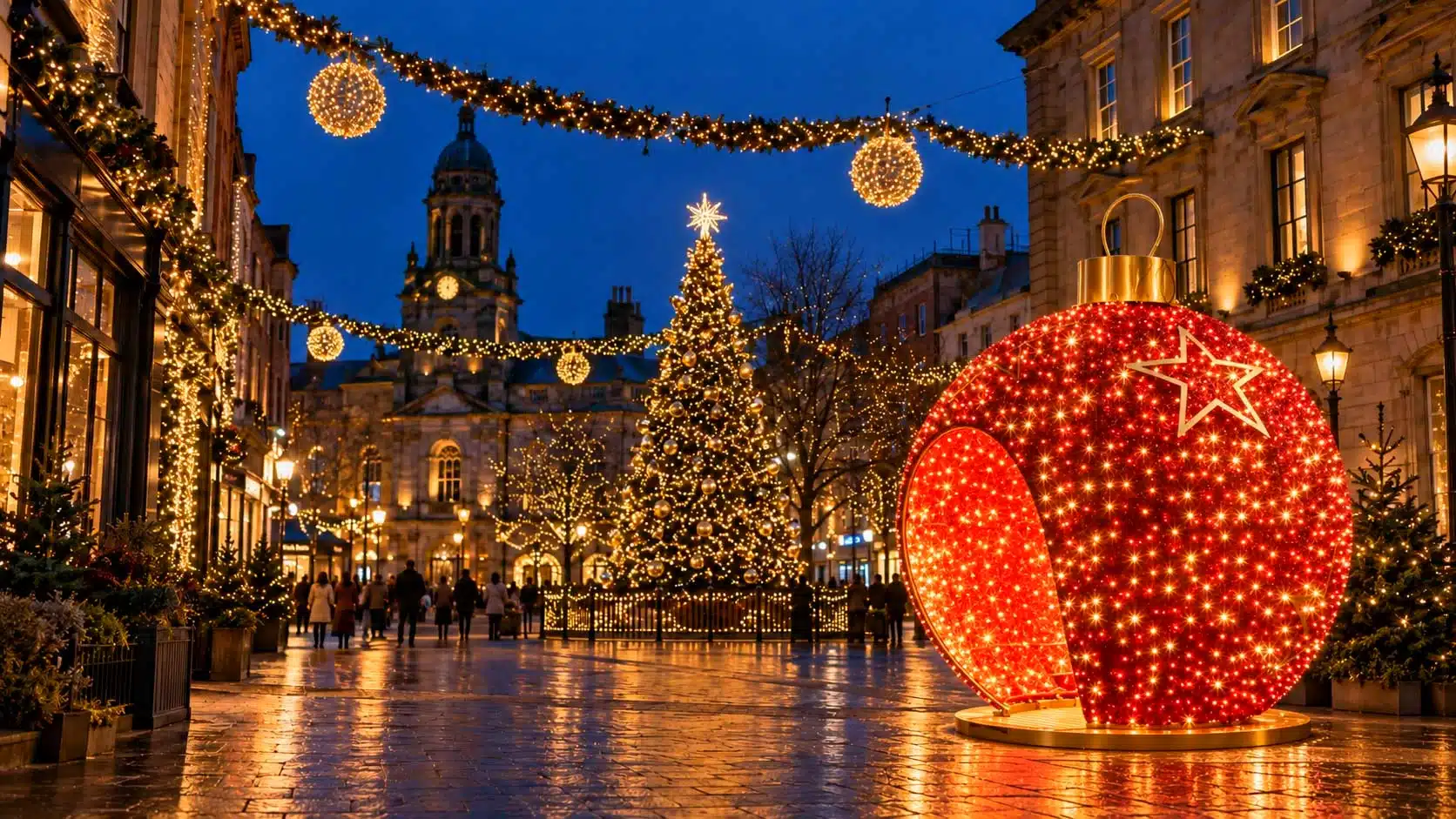 Festive street with illuminated Christmas tree and reindeer